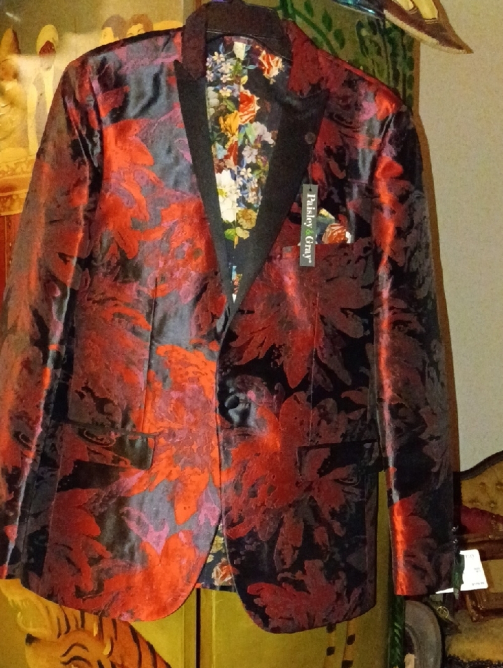 Stunning Paisley & Gray Red and Black Floral Satin Sport Coat